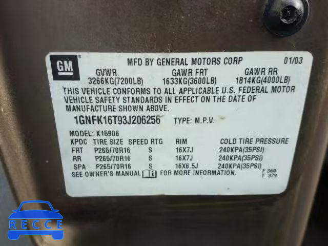 2003 CHEVROLET SUBURBAN K 1GNFK16T93J206256 image 9