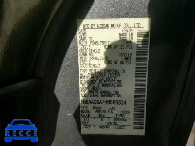 2004 NISSAN TITAN XE 1N6AA06A74N586834 image 9