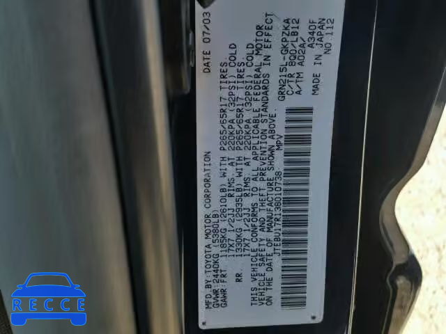 2003 TOYOTA 4RUNNER LI JTEBU17R138010738 image 9