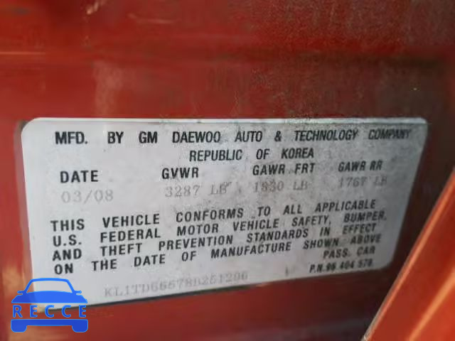 2008 CHEVROLET AVEO BASE KL1TD66678B251296 зображення 9