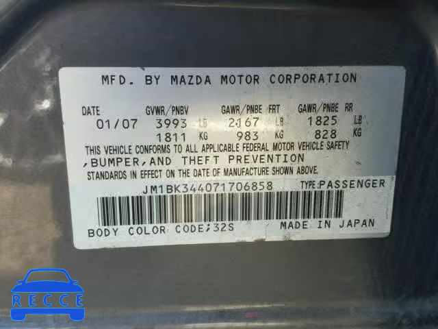 2007 MAZDA 3 HATCHBAC JM1BK344071706858 зображення 9