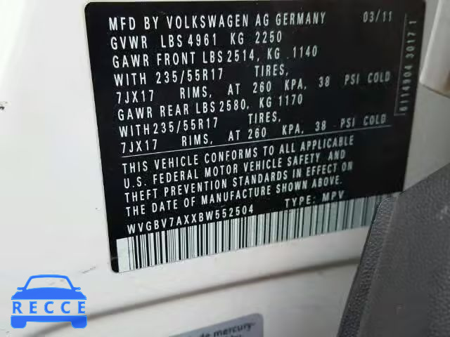 2011 VOLKSWAGEN TIGUAN S WVGBV7AXXBW552504 зображення 9