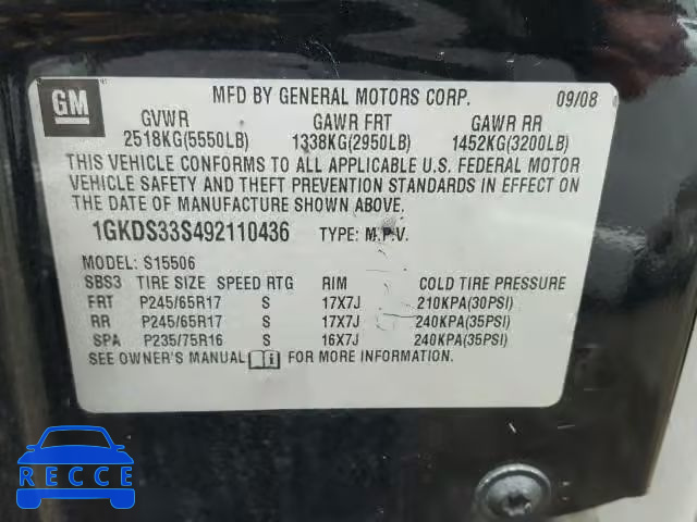 2009 GMC ENVOY SLE 1GKDS33S492110436 image 9