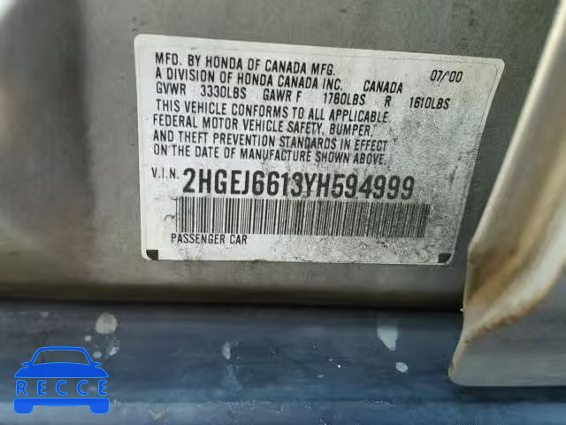 2000 HONDA CIVIC BASE 2HGEJ6613YH594999 image 9