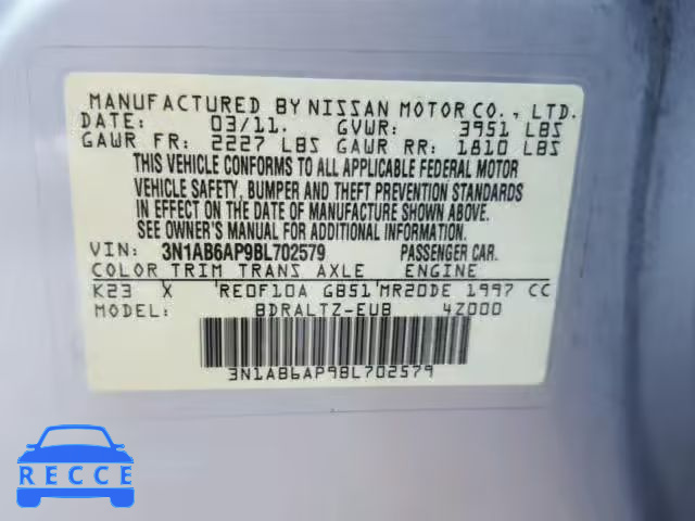 2011 NISSAN SENTRA 2.0 3N1AB6AP9BL702579 Bild 9