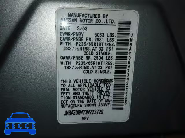 2003 NISSAN MURANO SL JN8AZ08W73W223726 image 9