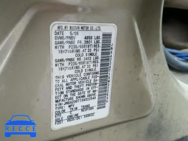 2005 NISSAN MURANO SL JN8AZ08T15W322549 зображення 9