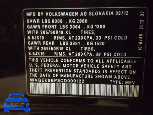 2012 VOLKSWAGEN TOUAREG V6 WVGEK9BP3CD009122 зображення 9