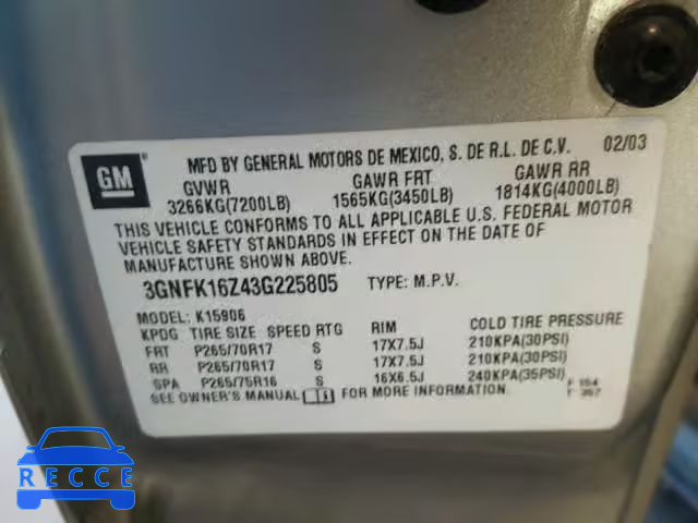 2003 CHEVROLET SUBURBAN K 3GNFK16Z43G225805 image 9