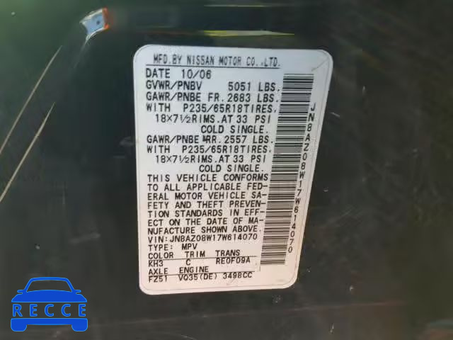 2007 NISSAN MURANO SL JN8AZ08W17W614070 image 9