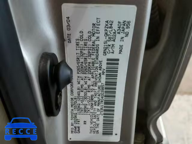 2004 TOYOTA 4RUNNER LI JTEBU17R040039857 image 9