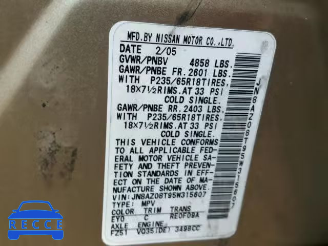 2005 NISSAN MURANO SL JN8AZ08T95W315607 image 9