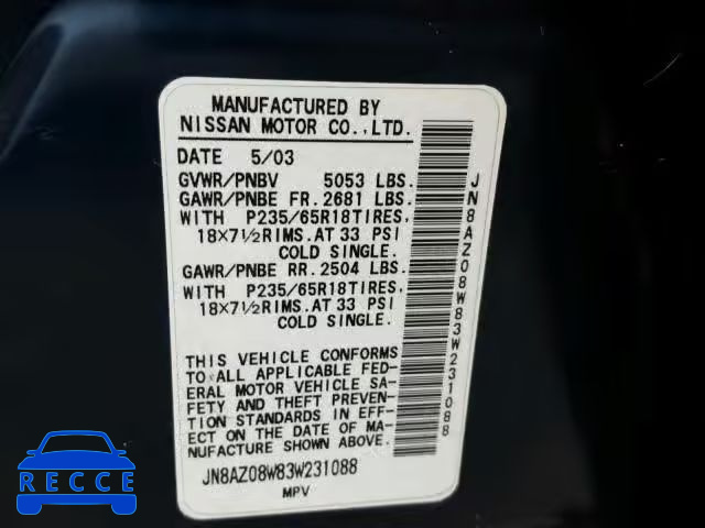 2003 NISSAN MURANO SL JN8AZ08W83W231088 image 9
