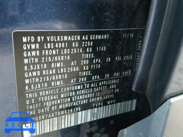 2011 VOLKSWAGEN TIGUAN S WVGBV7AX7BW529195 image 9