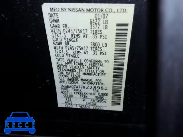 2007 NISSAN TITAN XE 1N6BA07A77N228981 image 9