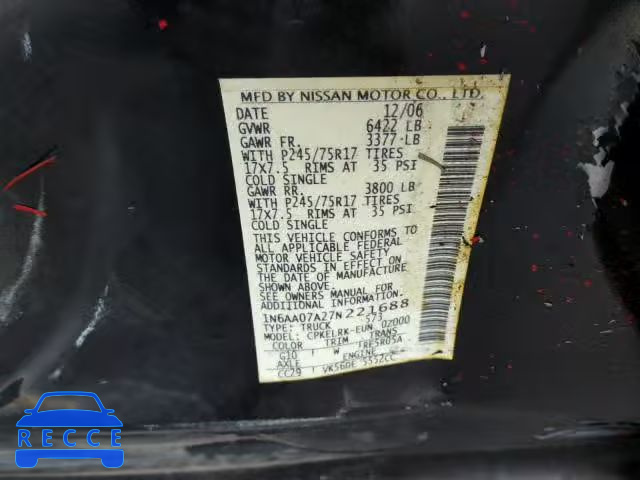 2007 NISSAN TITAN XE 1N6AA07A27N221688 image 9