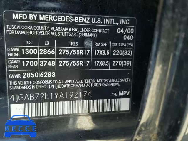 2000 MERCEDES-BENZ ML 430 4JGAB72E1YA192174 image 9