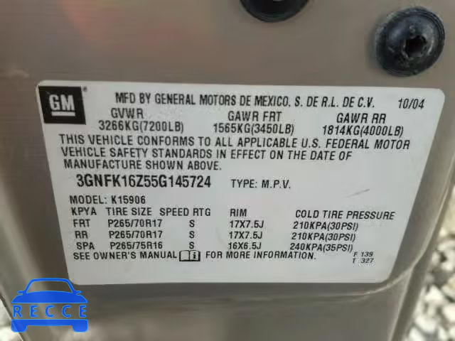 2005 CHEVROLET SUBURBAN K 3GNFK16Z55G145724 image 9