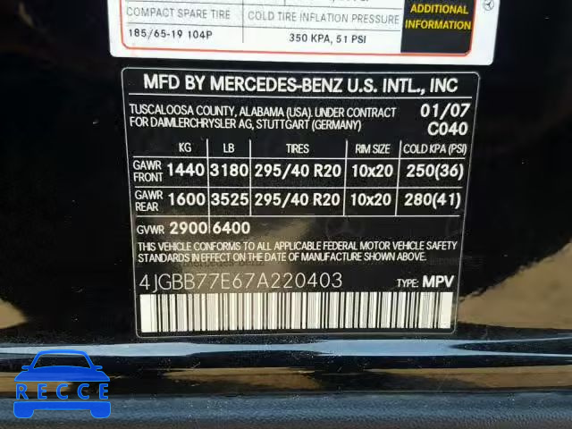 2007 MERCEDES-BENZ ML 63 AMG 4JGBB77E67A220403 зображення 9