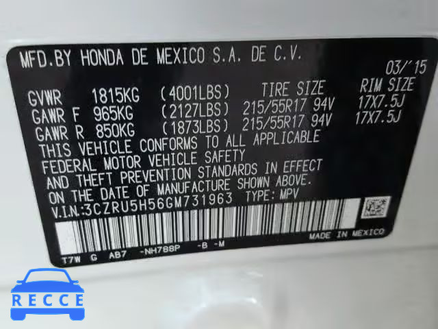 2016 HONDA HR-V EX 3CZRU5H56GM731963 image 9
