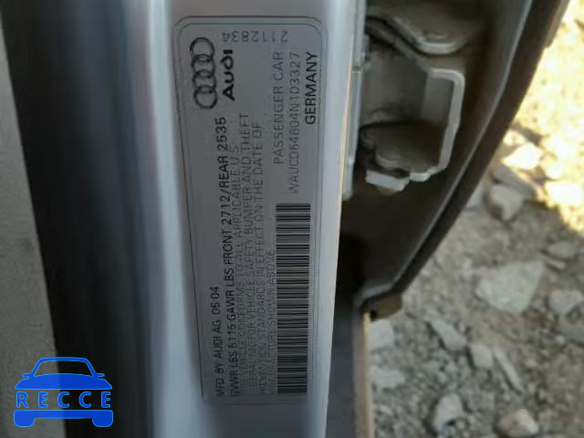 2004 AUDI A6 S-LINE WAUCD64B04N103327 зображення 9