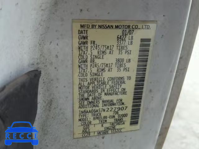 2007 NISSAN TITAN XE 1N6AA06A57N227907 зображення 9