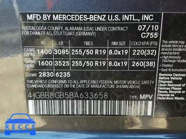 2011 MERCEDES-BENZ ML 350 4MA 4JGBB8GB5BA633658 Bild 9