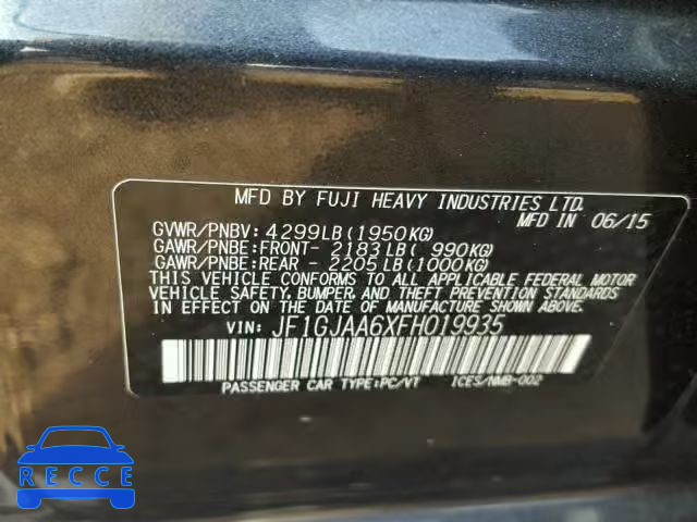 2015 SUBARU IMPREZA BA JF1GJAA6XFH019935 зображення 9