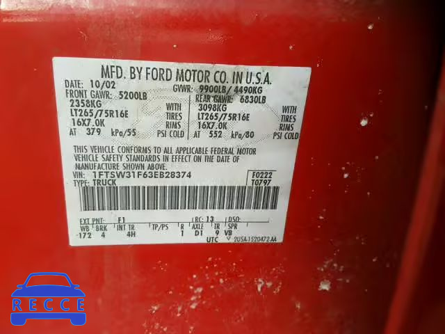 2003 FORD F350 SRW S 1FTSW31F63EB28374 image 9