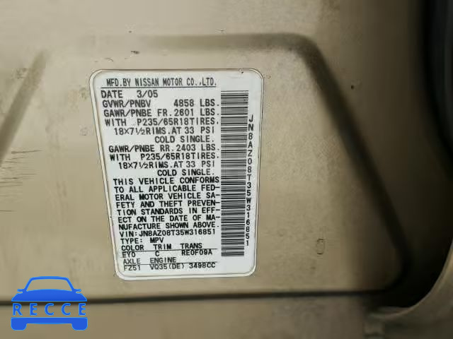 2005 NISSAN MURANO SL JN8AZ08T35W316851 Bild 9