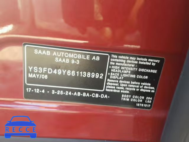 2006 SAAB 9-3 BASE YS3FD49Y661138992 зображення 9