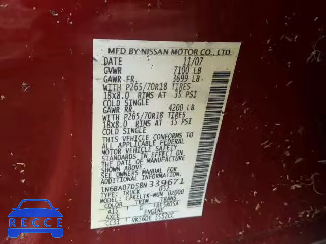 2008 NISSAN TITAN XE 1N6BA07D58N339671 image 9