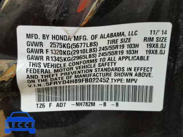 2015 ACURA MDX ADVANC 5FRYD4H89FB022452 image 9