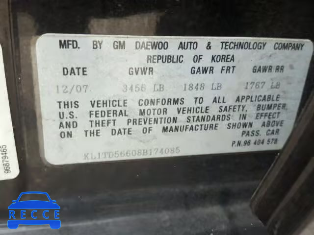 2008 CHEVROLET AVEO BASE KL1TD56608B174085 image 9