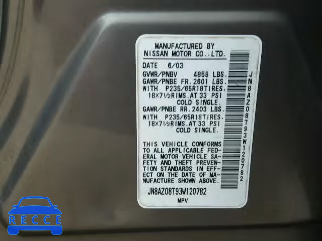 2003 NISSAN MURANO SL JN8AZ08T93W120782 image 9