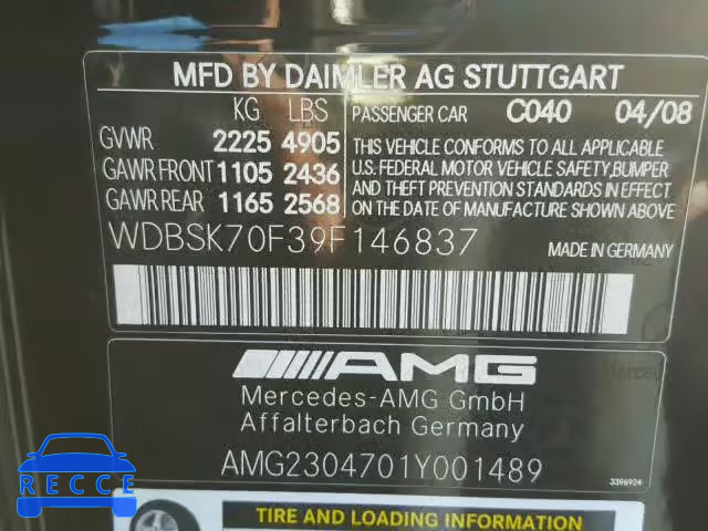 2009 MERCEDES-BENZ SL 63 AMG WDBSK70F39F146837 image 9