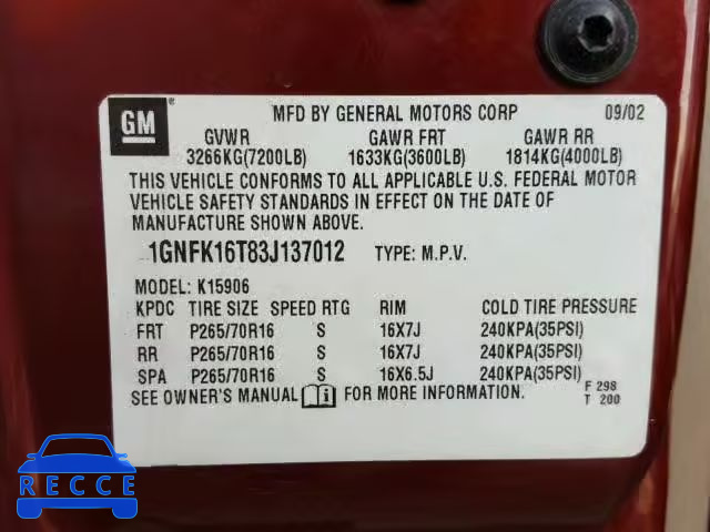 2003 CHEVROLET SUBURBAN K 1GNFK16T83J137012 image 9