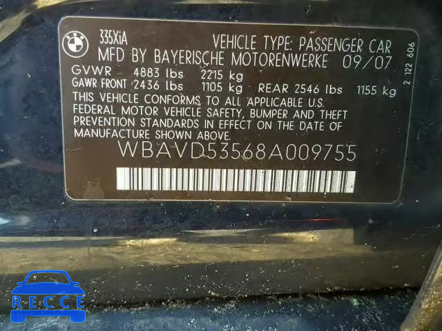 2008 BMW 335 XI WBAVD53568A009755 зображення 9