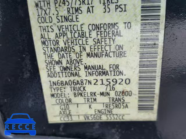 2007 NISSAN TITAN XE 1N6BA06A87N215920 image 9