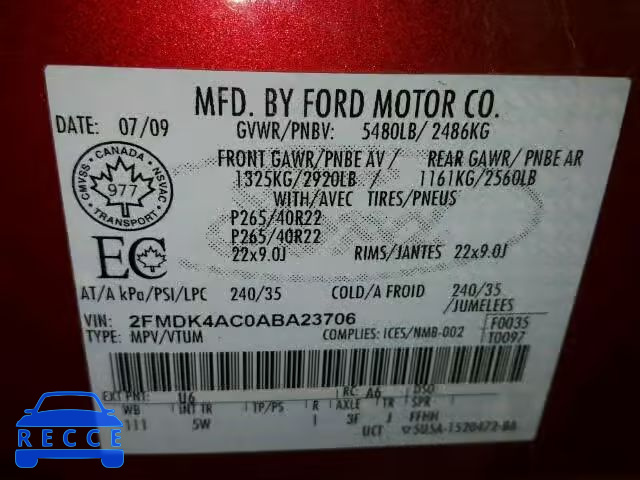 2010 FORD EDGE SPORT 2FMDK4AC0ABA23706 image 9