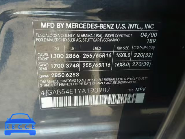 2000 MERCEDES-BENZ ML 320 4JGAB54E1YA193987 зображення 9