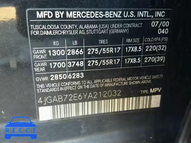 2000 MERCEDES-BENZ ML 430 4JGAB72E6YA212032 зображення 9
