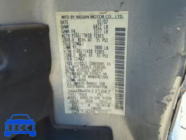 2007 NISSAN TITAN XE 1N6AA06A47N235867 image 9