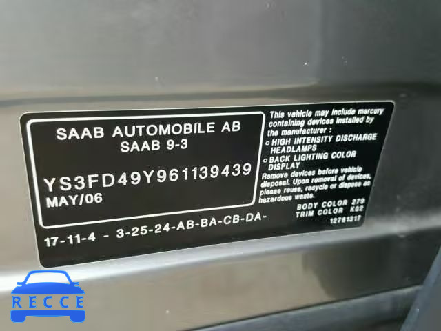 2006 SAAB 9-3 BASE YS3FD49Y961139439 зображення 9