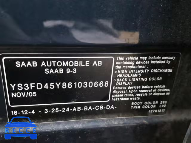 2006 SAAB 9-3 BASE YS3FD45Y861030668 image 9