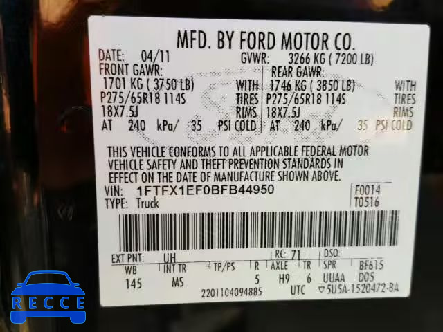 2011 FORD F150 SUPER 1FTFX1EF0BFB44950 зображення 9