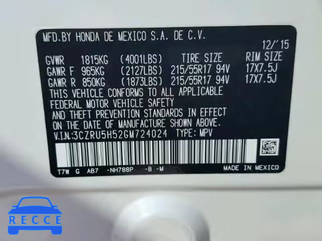 2016 HONDA HR-V EX 3CZRU5H52GM724024 image 9