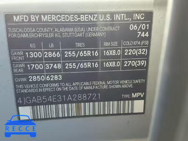 2001 MERCEDES-BENZ ML 320 4JGAB54E31A288721 image 9