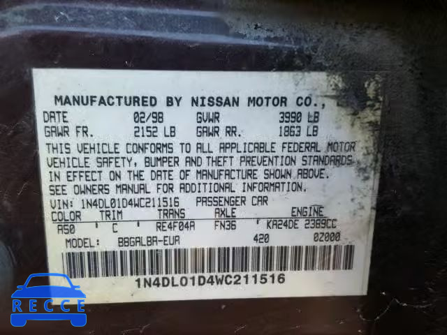 1998 NISSAN ALTIMA XE 1N4DL01D4WC211516 image 9