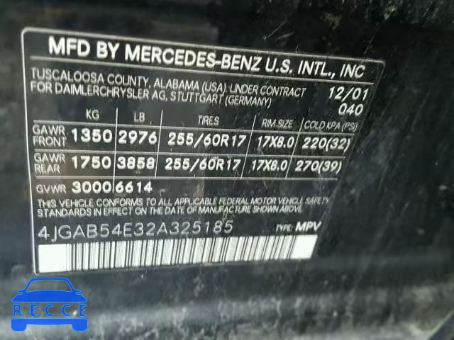 2002 MERCEDES-BENZ ML 320 4JGAB54E32A325185 зображення 9